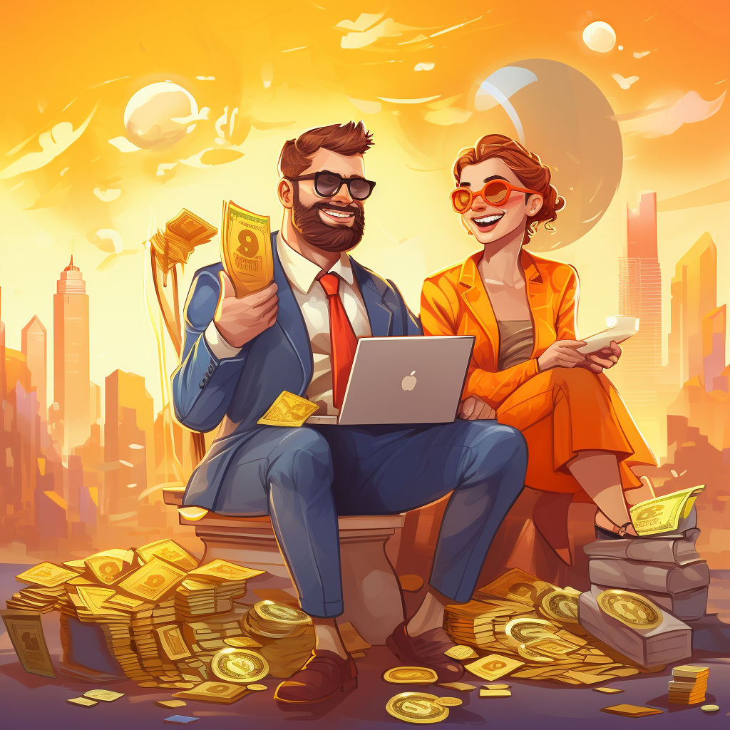 Happy couple sitting on a pile of gold coins from high-ticket affiliate marketing opportunities across America and Kenya, showcasing platforms like ClickFunnels, HubSpot, KaziQuest, and Jumia Kenya